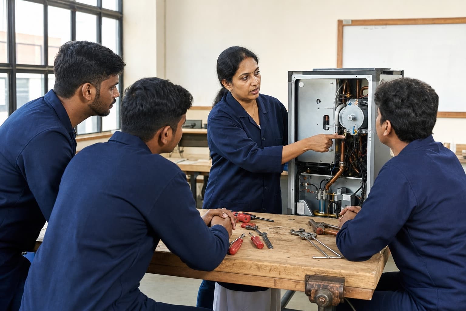 An Indian technical trainer working with a field technician team
